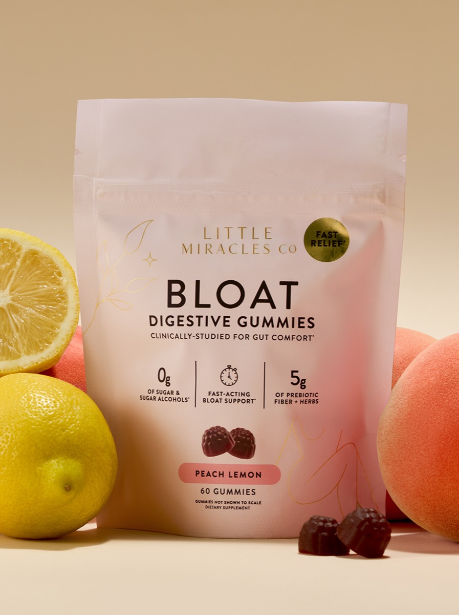 The Bloat Gummies pouch with peaches and lemons