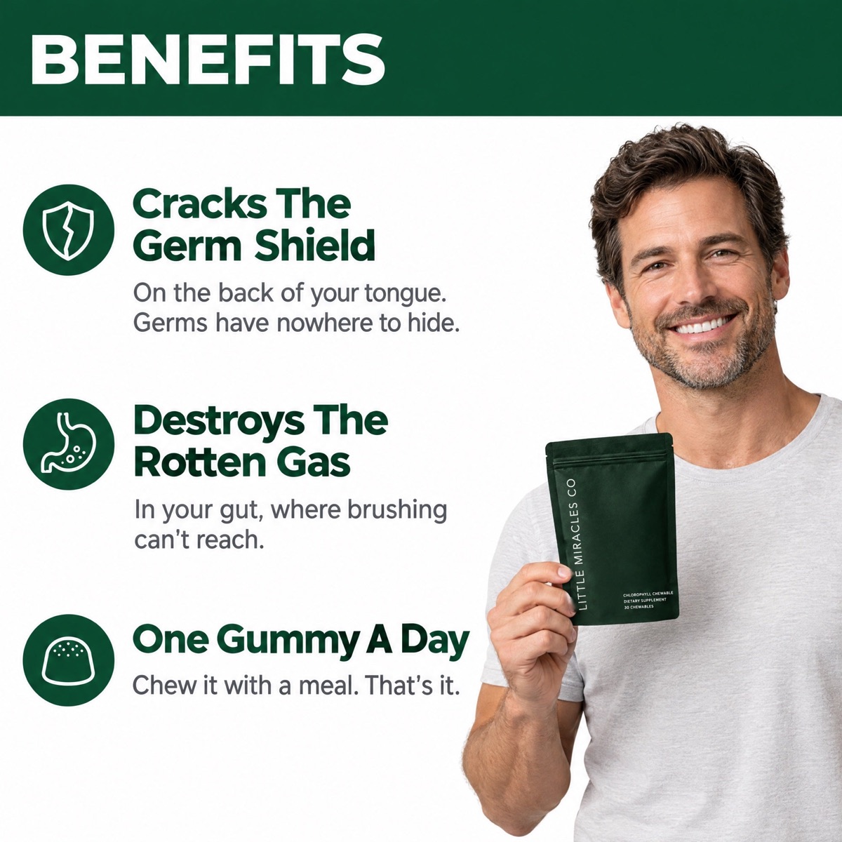 Benefits: the germ shield on the tongue, the gas in the gut, one gummy a day
