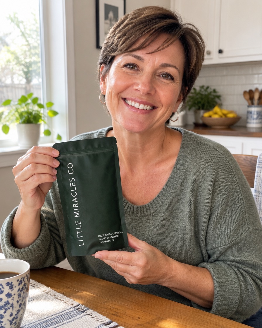 A customer holding her pouch at the kitchen table