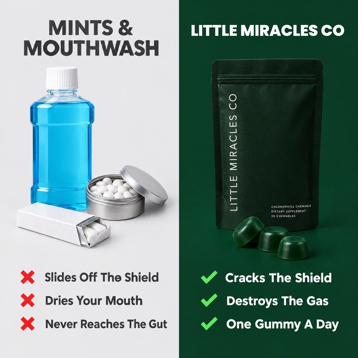 Mints and mouthwash beside the chlorophyll gummies