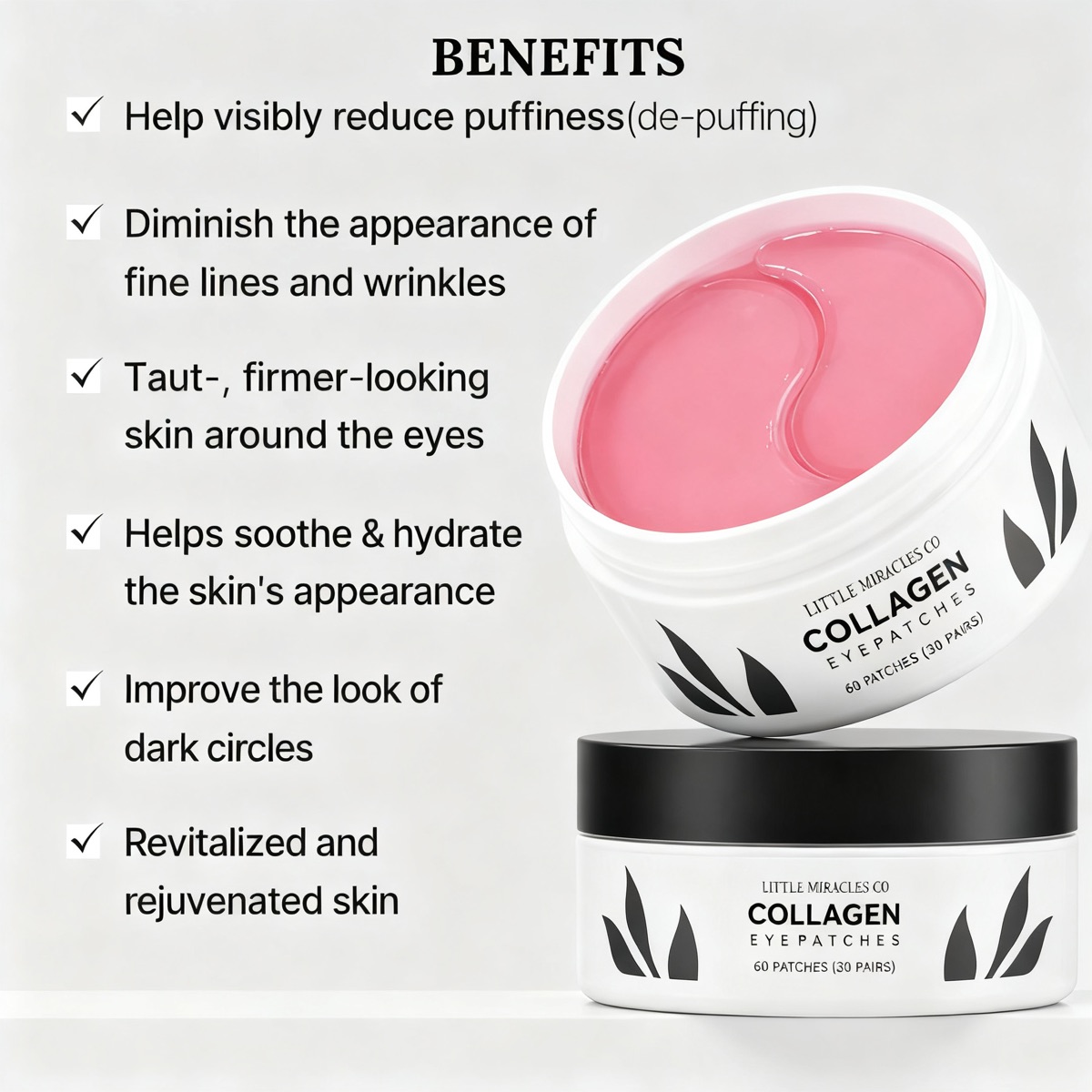 The benefits, beside an open jar of pink patches
