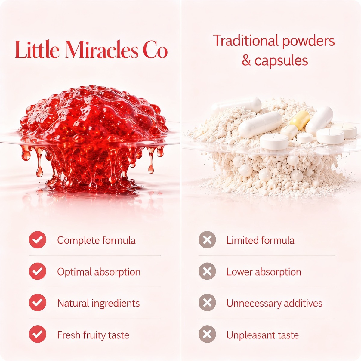 Strawberry collagen jelly beside powders and capsules